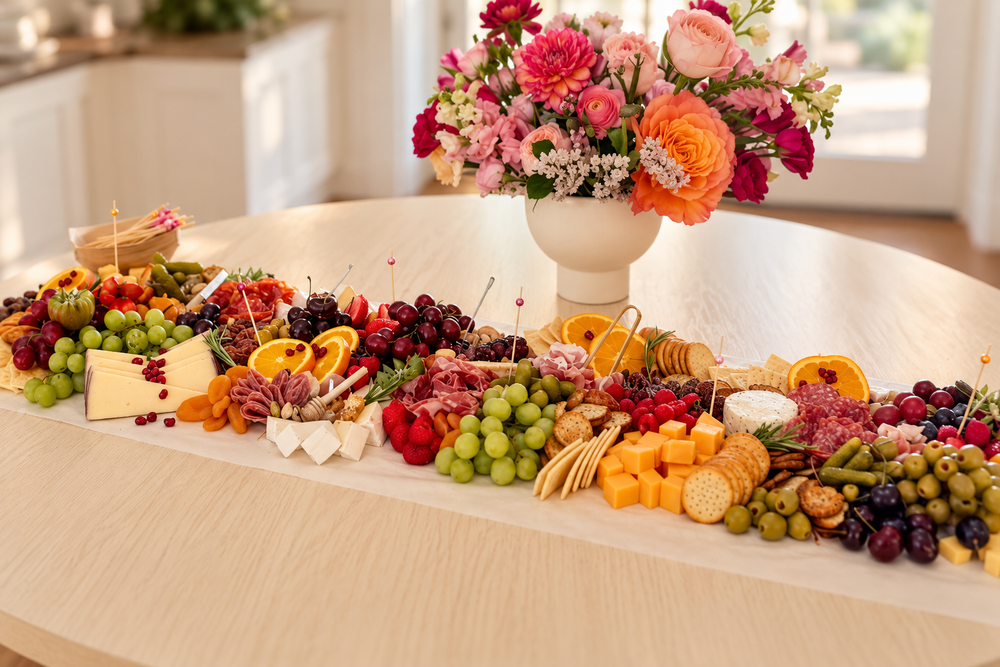 BiteHaus grazing table along a round table with a bright floral centerpiece