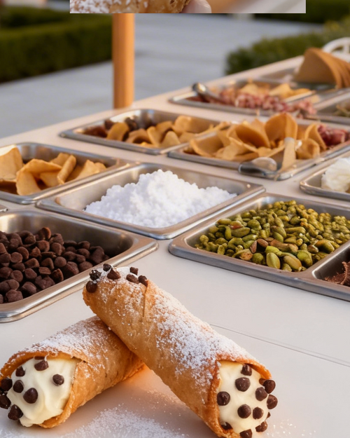 Cannoli bar toppings and fillings styled for an event