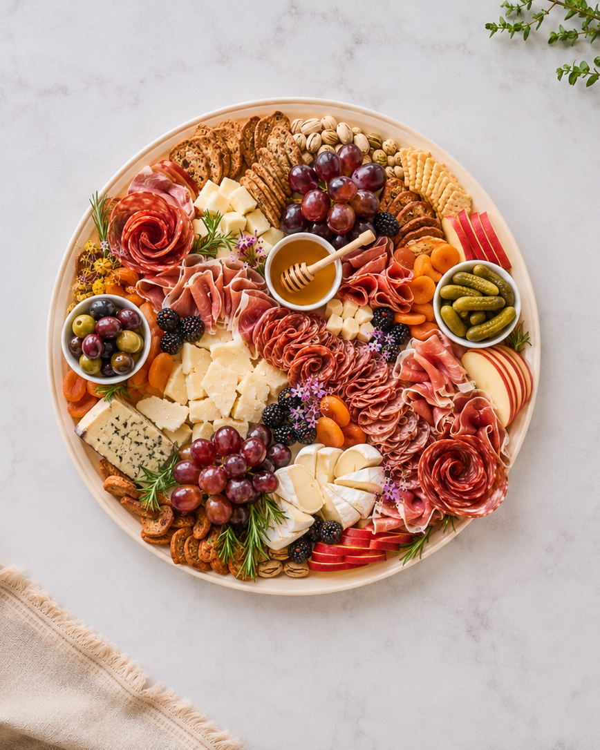 Classic charcuterie platter with brie, honeycomb, cured meats, and seasonal fruit