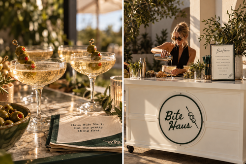 Coupe glasses with olive garnishes beside the BarHaus bar with a bartender pouring