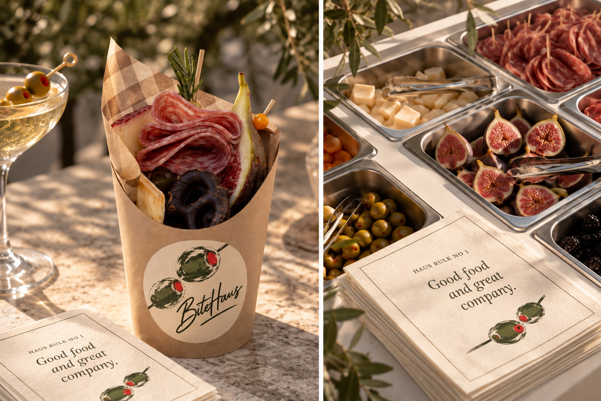 BiteHaus charcuterie cup beside the cart's trays of cured meats, figs and olives