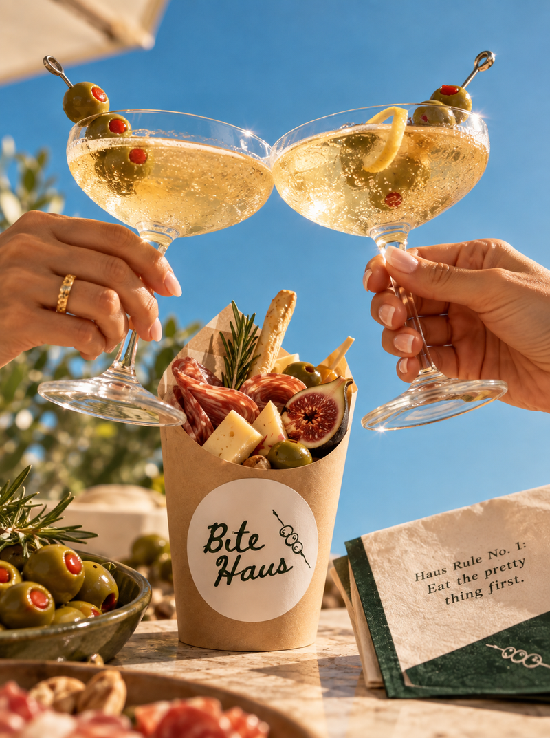 Two coupe glasses with olive garnishes clinking above a BiteHaus charcuterie cup