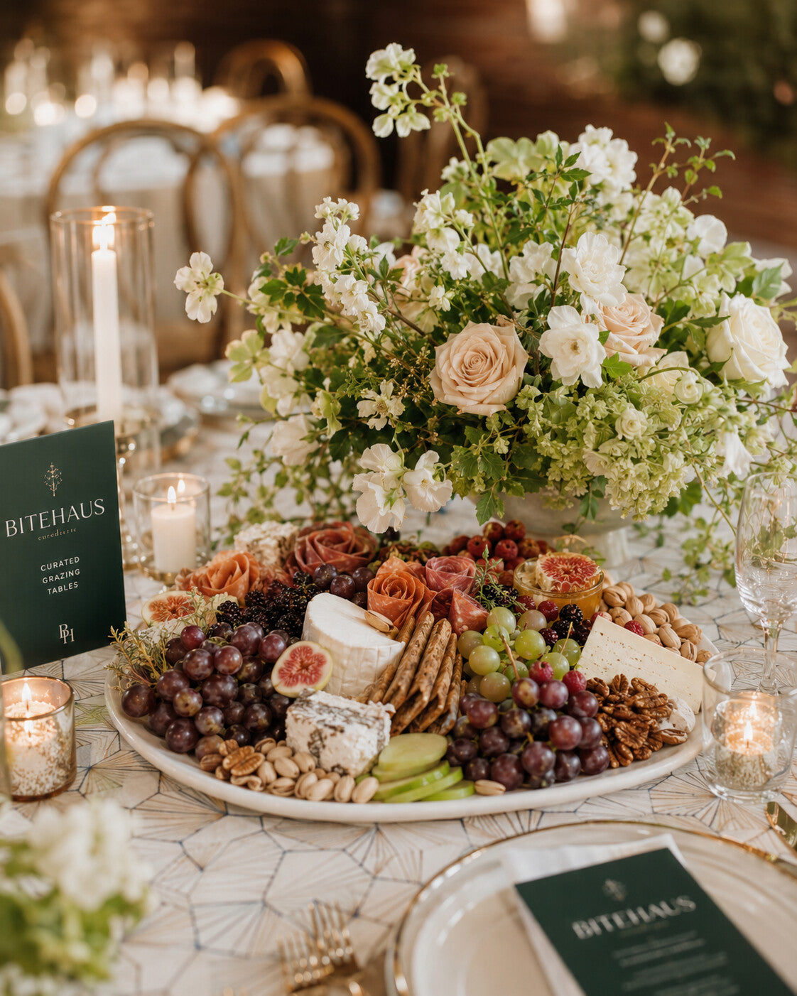 Edible charcuterie centerpiece styled as table decor by BiteHaus