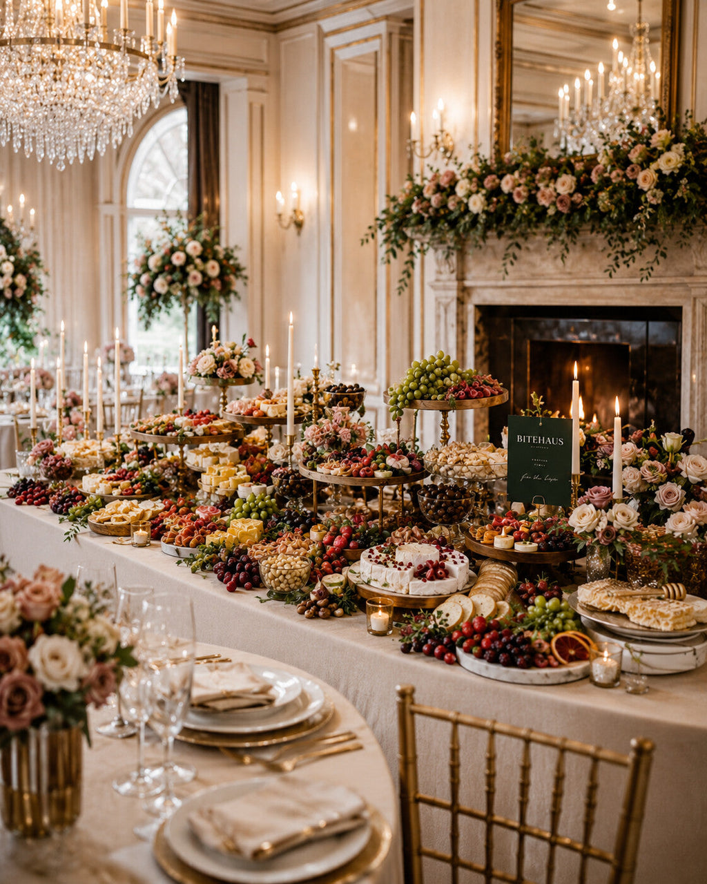 BiteHaus grazing table styled in a ballroom for a wedding reception