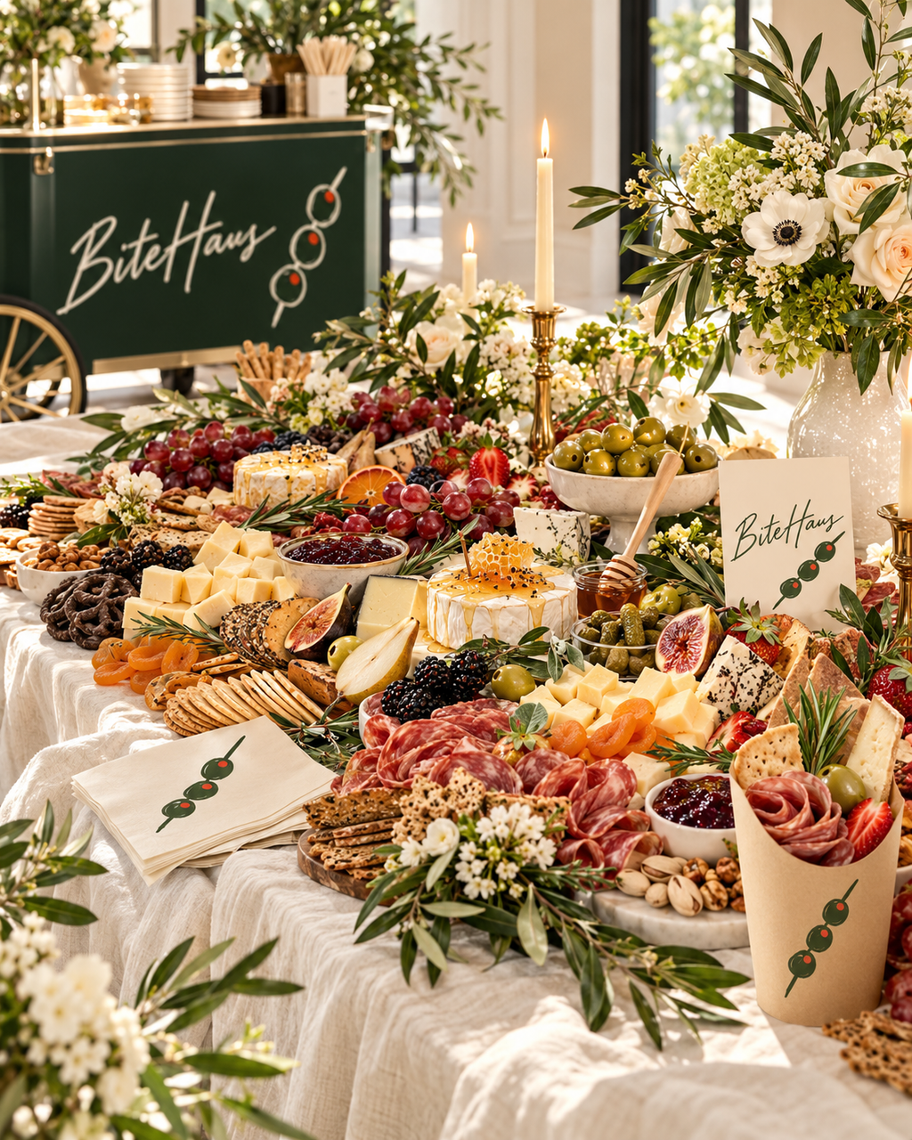 BiteHaus grazing table styled with florals, candles and charcuterie cones, with the BiteHaus cart behind