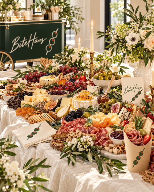 BiteHaus grazing table styled with florals, candles and charcuterie cones, with the BiteHaus cart behind