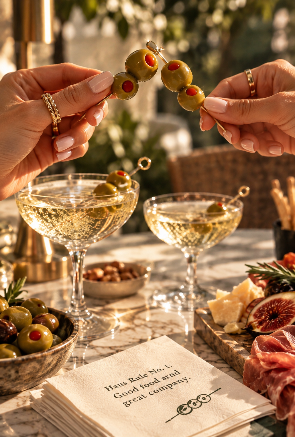 Hands clinking olive skewers over coupe glasses, olives and a charcuterie board